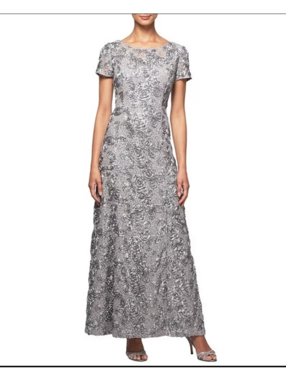 Alex Evenings Gray Rosette Sequin Lace Evening Gown Dress Women’s Size 14 Formal